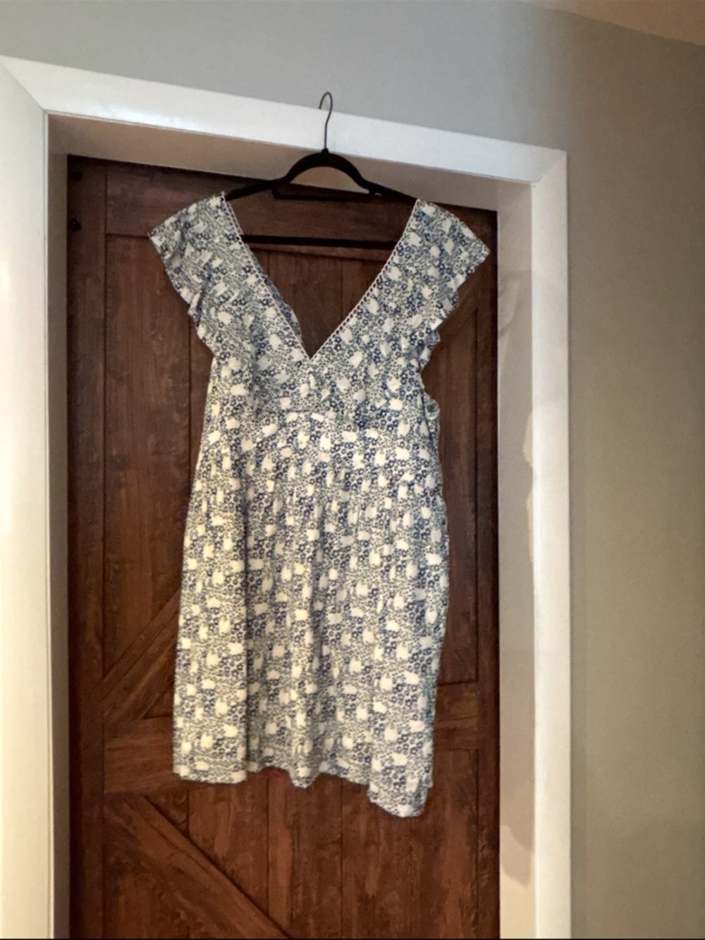 Anthropologie Blue and White Floral V-Neck Mini Dress